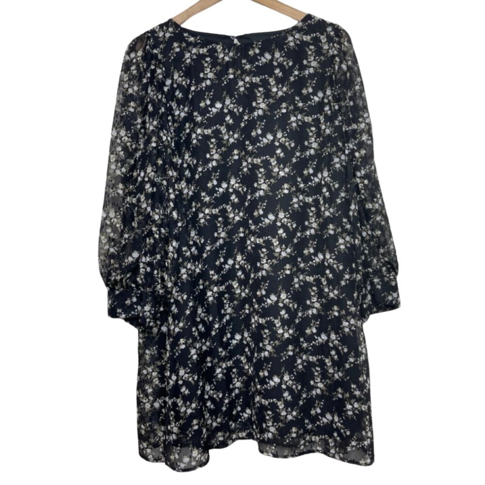 AAKAA | Floral Swiss Dot 3/4 Ballon Sleeve Sheer Lined Shift Dress | Size L